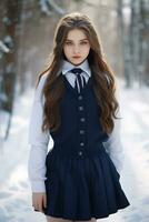 ai generado un hermosa ruso alto colegio estudiante niña en colegio uniforme al aire libre en invierno foto