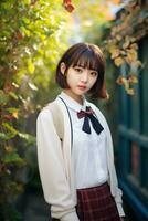 AI generated a gorgeous young japanese high school student girl with short hair in a school uniform outdoors photo