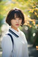 ai generado un maravilloso joven japonés alto colegio estudiante niña con corto pelo en un colegio uniforme al aire libre foto