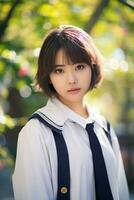 AI generated a gorgeous young japanese high school student girl with short hair in a school uniform outdoors photo