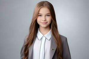ai generado un joven ruso alto colegio estudiante niña en un colegio uniforme aislado en un gris antecedentes foto