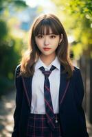 AI generated a beautiful asian young woman in school uniform outdoors photo