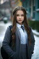 ai generado un hermosa ruso alto colegio estudiante niña en colegio uniforme al aire libre en invierno foto