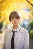 ai generado un maravilloso joven japonés alto colegio estudiante niña con corto pelo en un colegio uniforme al aire libre foto