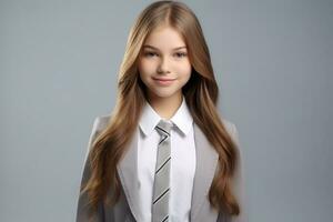 ai generado un joven ruso alto colegio estudiante niña en un colegio uniforme aislado en un gris antecedentes foto