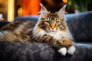 AI generated a maine coon cat is sitting on a couch photo