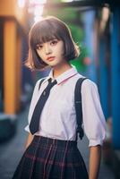 AI generated a beautiful young korean high school student girl with short hair in a school uniform outdoors photo