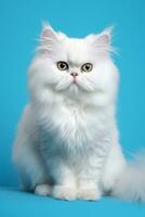 AI generated white persian peak nose cat with long hair sitting on a blue background photo