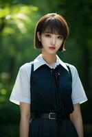 ai generado un hermosa joven coreano alto colegio estudiante niña con corto pelo en un colegio uniforme al aire libre foto