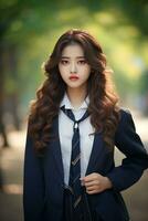 AI generated portrait of a beautiful young korean high school student girl with wavy hair in a school uniform outdoors photo