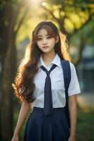 ai generado retrato de un hermosa joven coreano alto colegio estudiante niña con ondulado pelo en un colegio uniforme al aire libre foto