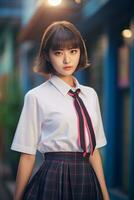 AI generated a beautiful young korean high school student girl with short hair in a school uniform outdoors photo