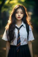 AI generated portrait of a beautiful young korean high school student girl with wavy hair in a school uniform outdoors photo