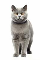 AI generated a british shorthair cat with yellow eyes sitting down on white background photo