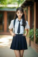 AI generated a young chinese high school student girl with wavy hair in a school uniform posing for a photo