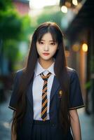 AI generated a young chinese high school student girl in a school uniform posing for a photo