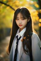 AI generated portrait of beautiful young japanese high school student girl in a school uniform outdoors photo