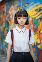 AI generated a young woman in a school uniform standing in front of a graffiti wall photo