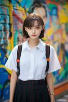 AI generated a young woman in a school uniform standing in front of a graffiti wall photo