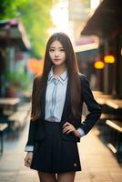 ai generado un joven chino alto colegio estudiante niña en un colegio uniforme posando para un foto