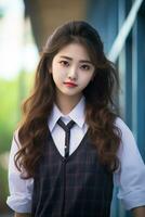 AI generated a young chinese high school student girl with wavy hair in a school uniform posing for a photo