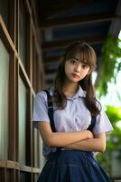 AI generated a beautiful asian young woman in school uniform outdoors photo