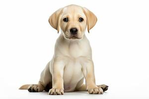 ai generado un perrito de Labrador perdiguero es sentado en frente de un blanco antecedentes foto