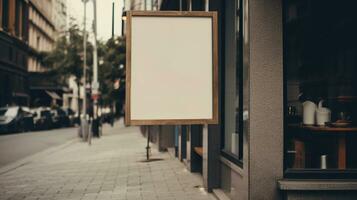 AI generated Generative AI, coffee shop street poster or signboard mock up for logo design, brand presentation, aesthetic muted neutral colors, on the wall outdoor photo