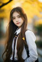 ai generado retrato de hermosa joven japonés alto colegio estudiante niña en un colegio uniforme al aire libre foto