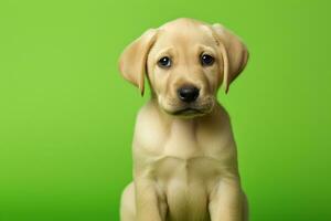 ai generado un beige Labrador perrito sentado en un verde antecedentes foto