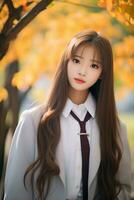 ai generado retrato de hermosa joven japonés alto colegio estudiante niña en un colegio uniforme al aire libre foto