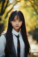 AI generated portrait of beautiful young japanese high school student girl in a school uniform outdoors photo