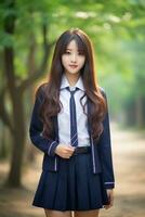 ai generado un hermosa joven coreano alto colegio estudiante niña en un colegio uniforme al aire libre foto