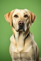 ai generado retrato de Labrador perdiguero perro sentado en un verde fondo, estudio foto. foto