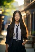 ai generado un hermosa joven coreano alto colegio estudiante niña en un colegio uniforme al aire libre foto