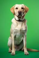 ai generado retrato de Labrador perdiguero perro sentado en un verde fondo, estudio foto. foto