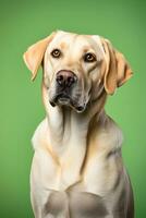 ai generado retrato de Labrador perdiguero perro sentado en un verde fondo, estudio foto. foto