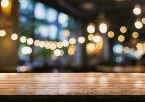 AI generated Empty wooden table top with lights bokeh on blur restaurant background. photo