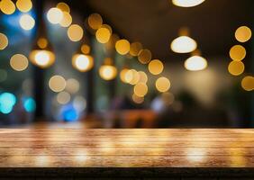 AI generated Empty wooden table top with lights bokeh on blur restaurant background. photo