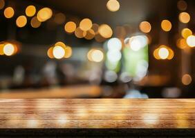 AI generated Empty wooden table top with lights bokeh on blur restaurant background. photo