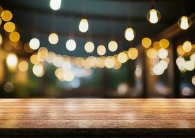 AI generated Empty wooden table top with lights bokeh on blur restaurant background. photo