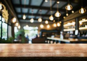 AI generated Empty wooden table top with lights bokeh on blur restaurant background. photo