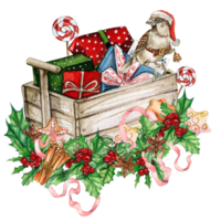 Christmas gifts in the wooden cart. png