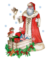 Watercolor illustration of Santa Claus and cart with Christmas gifts. png