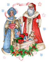 Watercolor illustration of Santa Claus ,Snow maiden and cart with Christmas gifts. png