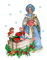 The Snow Maiden in a Christmas dress and cart with presents. png