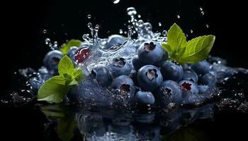 ai generado arándanos y cerezas en agua chapoteo en un oscuro azul antecedentes. foto