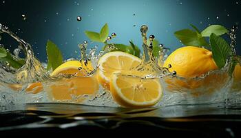 AI generated Lemon and Mint in Water Splash on a Dark Blue Background photo