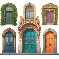 AI generated Set of front doors of residential houses. Home entrances exteriors. Outside of doorways with plants, decoration. Different entries from street. Colorful PNG illustrations isolated