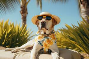 AI generated a dog wearing sunglasses and a floral shirt on the beach photo